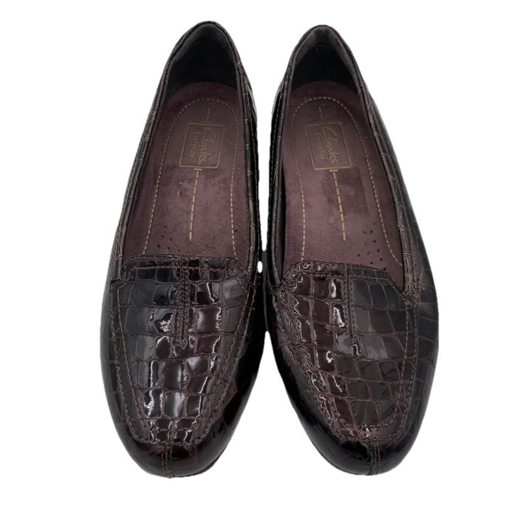 Clarks Everyday Brown Patent Leather Croc Embossed Loafer Shoes Women 6.5W Wide‎